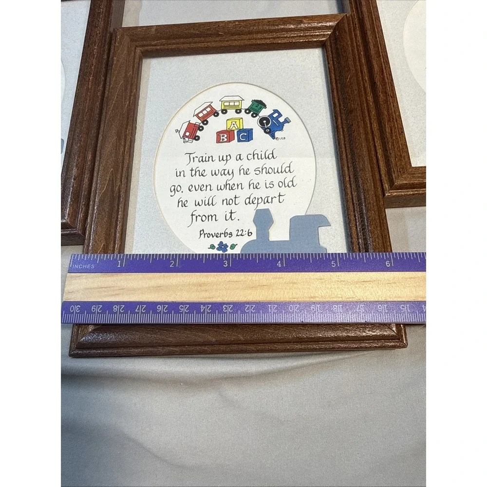 Vintage 1980s Nursery Framed Wall Art Set of 3 Train Up A Child Wooden Decor
